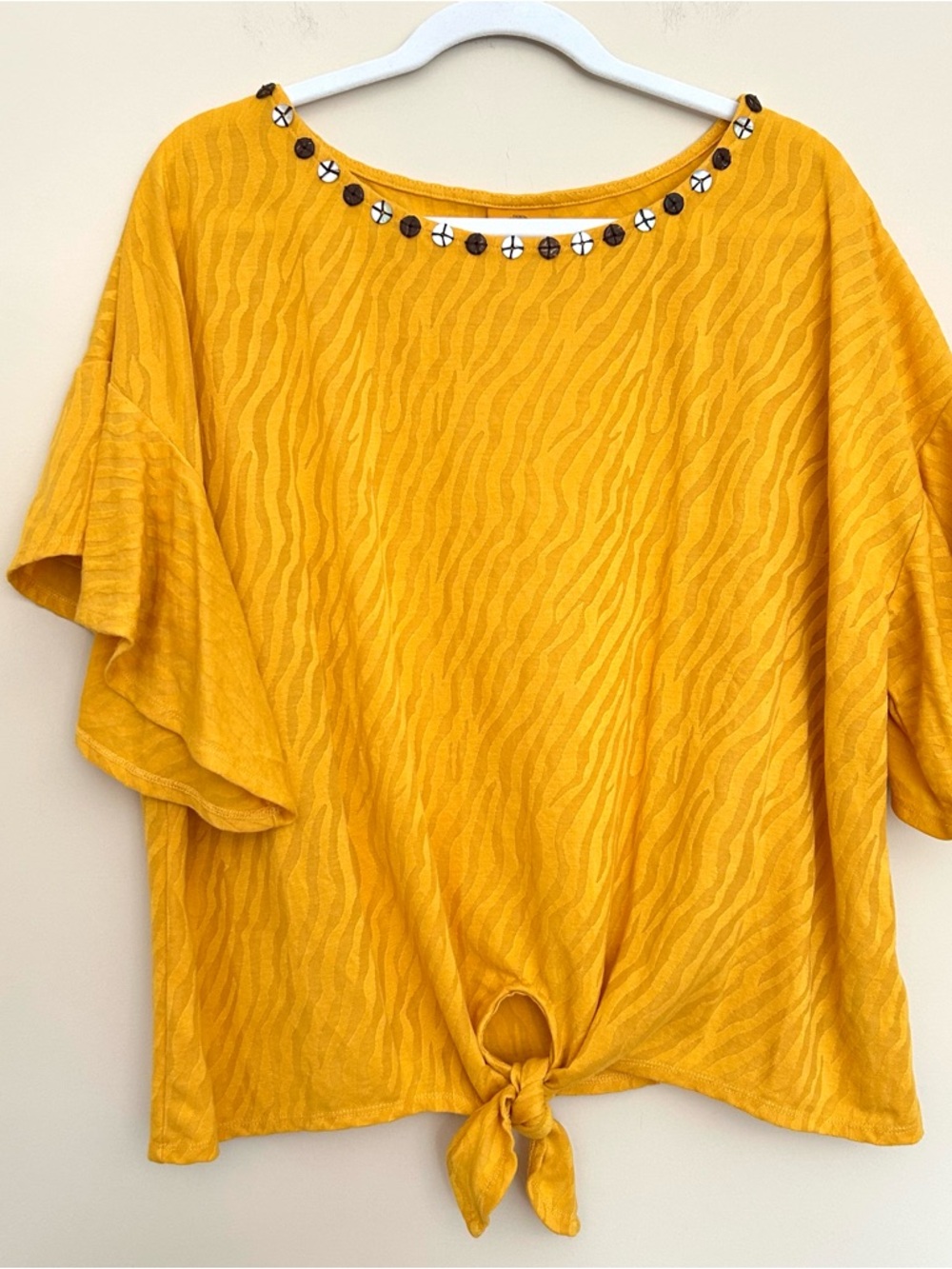 Ruby Rd. Women’s Golden Yellow Tie-Front Short Sleeve Top with Beaded Neckline